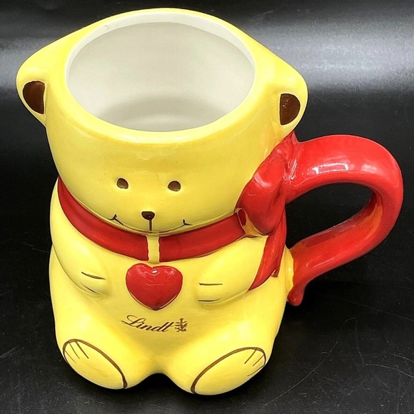 Lindt Chocolate Cup Mug 3D Bear with Red Bow Advertising Rare Yellow Red Brown - Picture 2 of 12